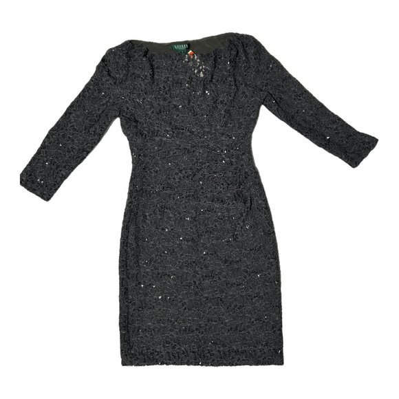 Ralph Lauren Size 8 Long Sleeve Sequin Lace Ruffle Cocktail Dress - Picture 2 of 8